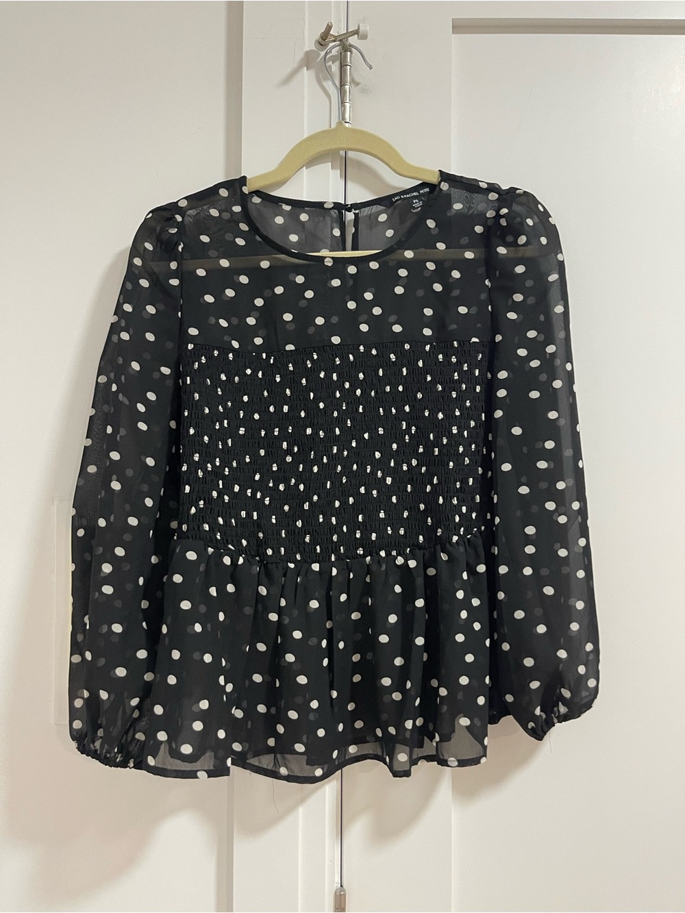 Zac & Rachel Black and White Polka Dot Smocked Peplum Blouse